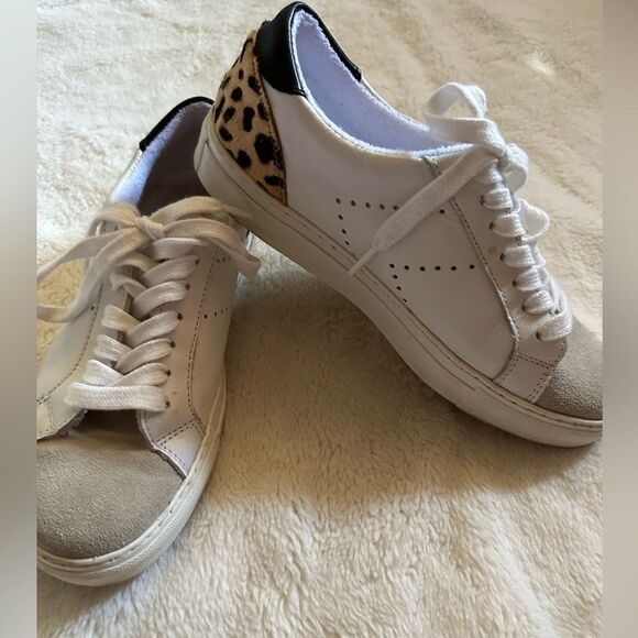 STEVEN New York Parody White Leather Leopard Heel Low Top Sneakers sz 8 EUC - Picture 1 of 7